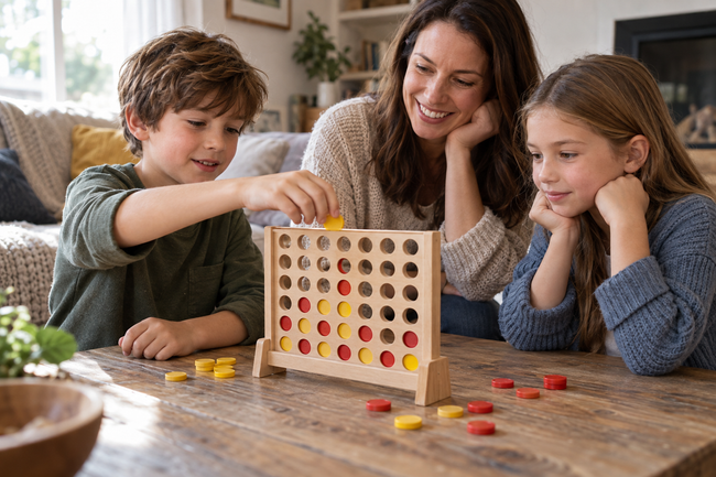 A family playing a wooden four-in-a-row game