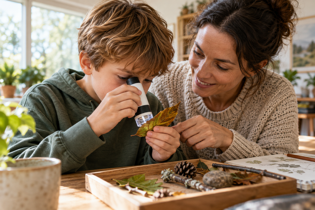 A child and parent exploring a leaf with a microscope