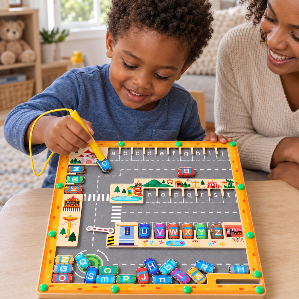 Magnetic Alphabet Maze with Letter Parking Spaces