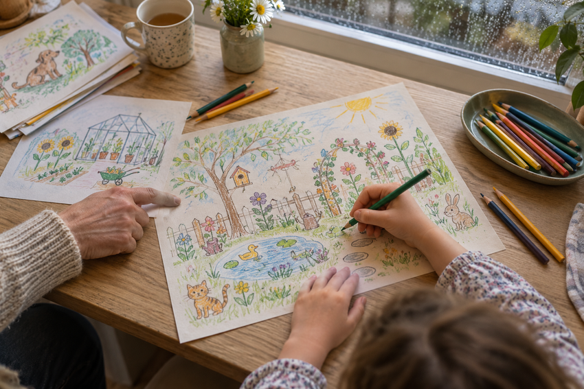 A child and adult drawing a garden together on a rainy afternoon