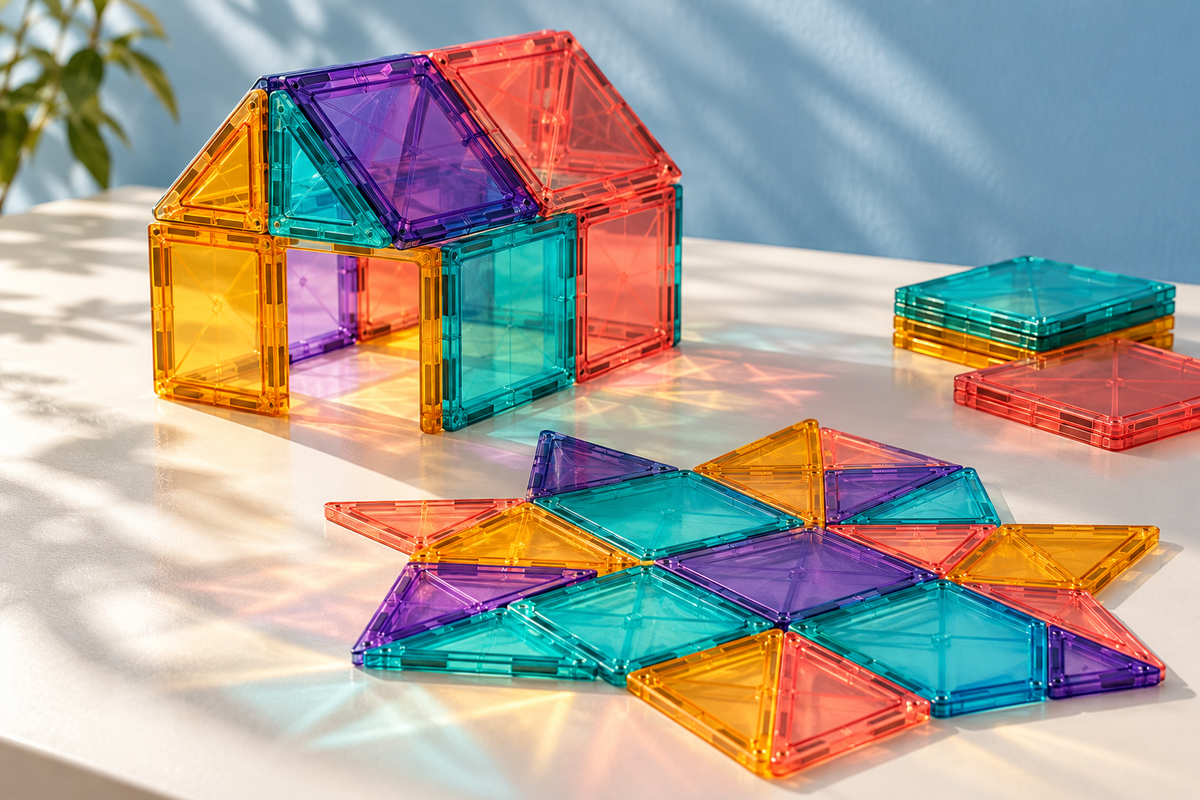 An illustrative house and pattern built from translucent magnetic tiles