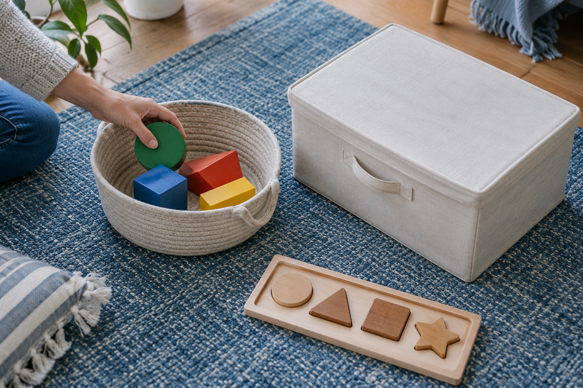 A small selection of toys with baskets for toy rotation