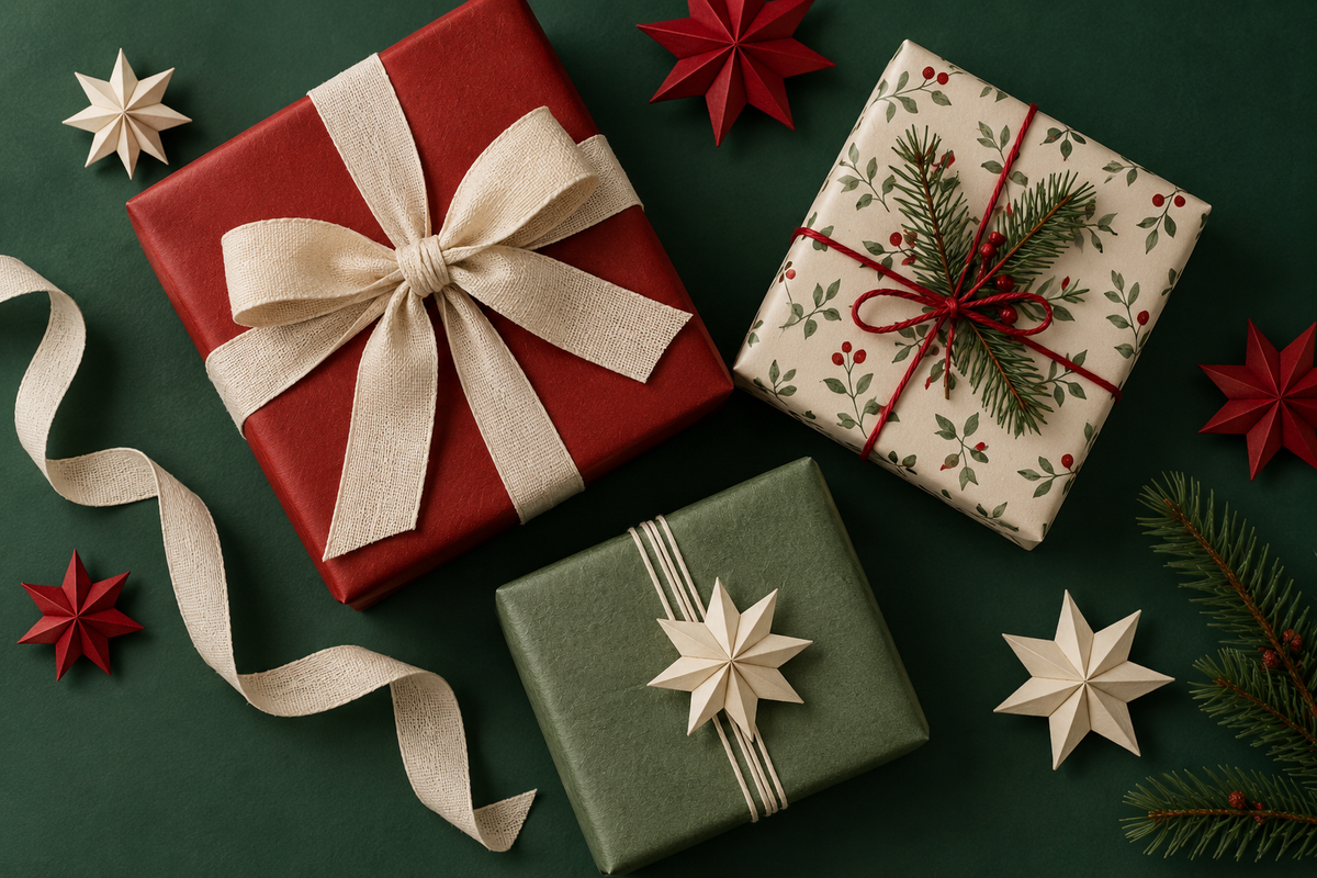 Wrapped Christmas gifts and paper stars on a green background