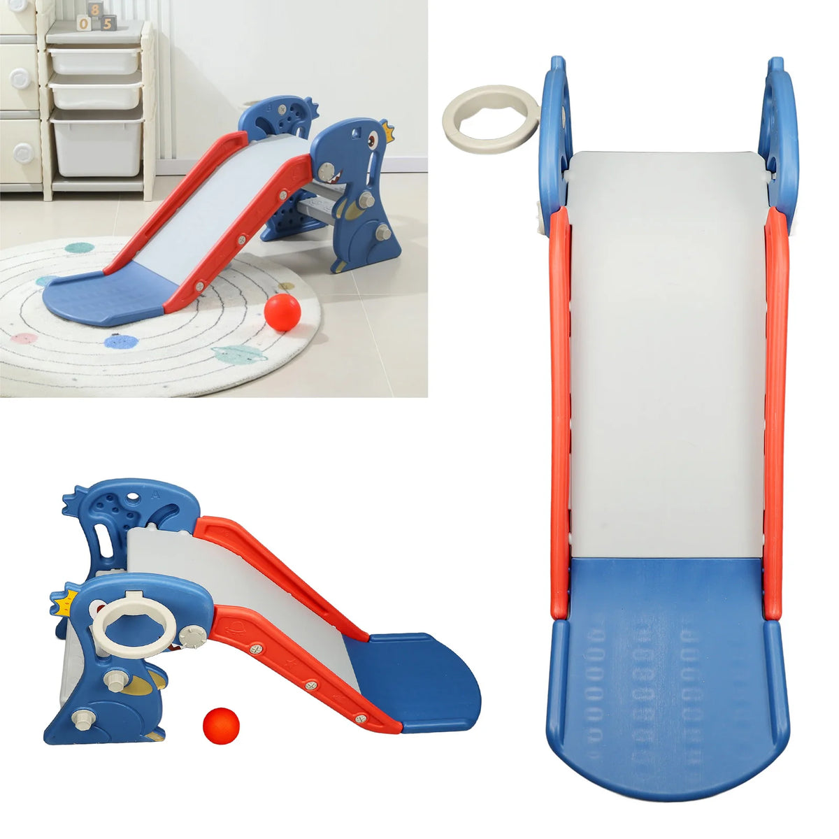 Indoor Dinosaur Slide with Basketball Hoop