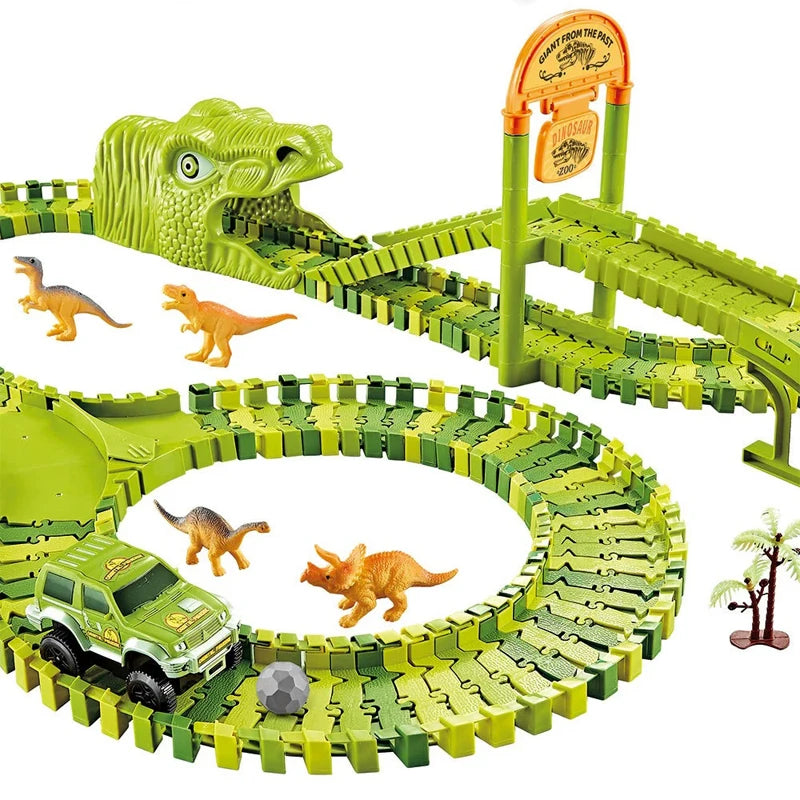 Dinosaur race track with ramps, an arch gate and a dinosaur tunnel