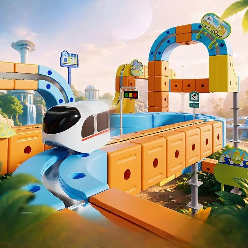 Close-up of the monorail train riding along the magnetic track