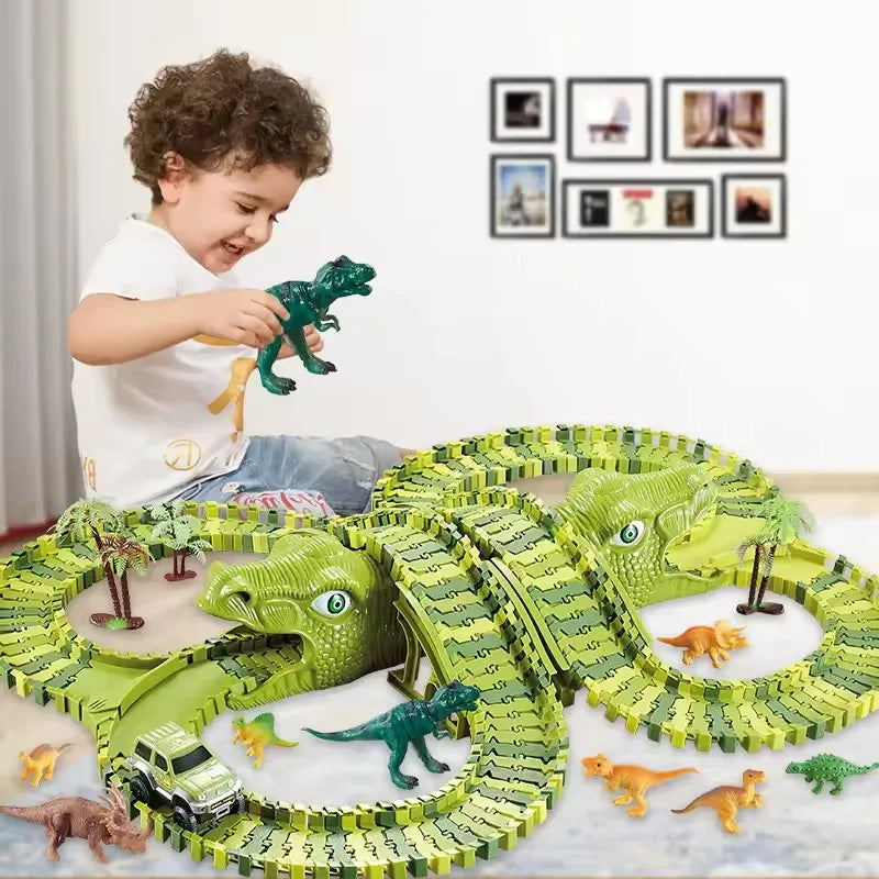 Child playing with the dinosaur flexible race track set and toy dinosaurs
