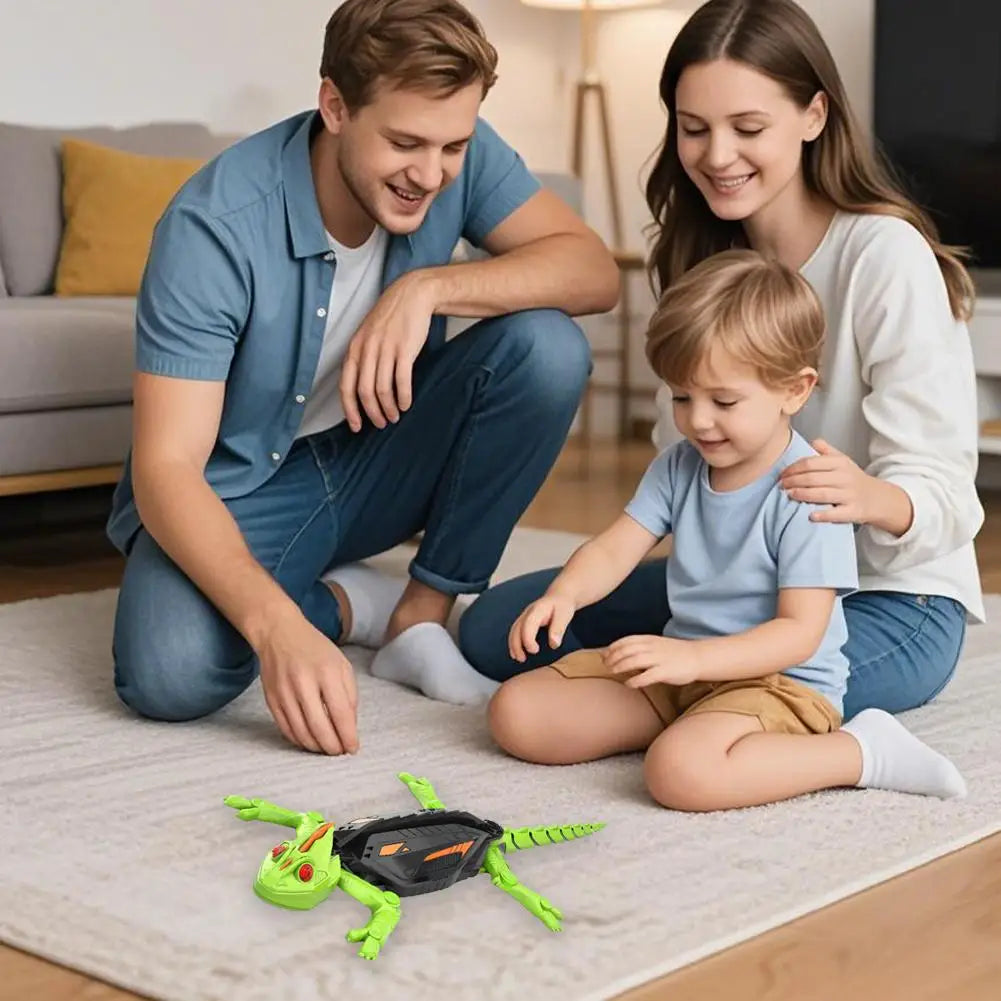 Family steering the remote control gecko across the living room floor