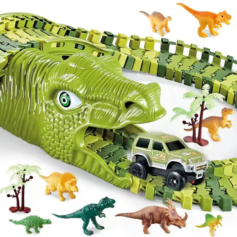 Toy car driving out of a dinosaur head tunnel on the flexible race track