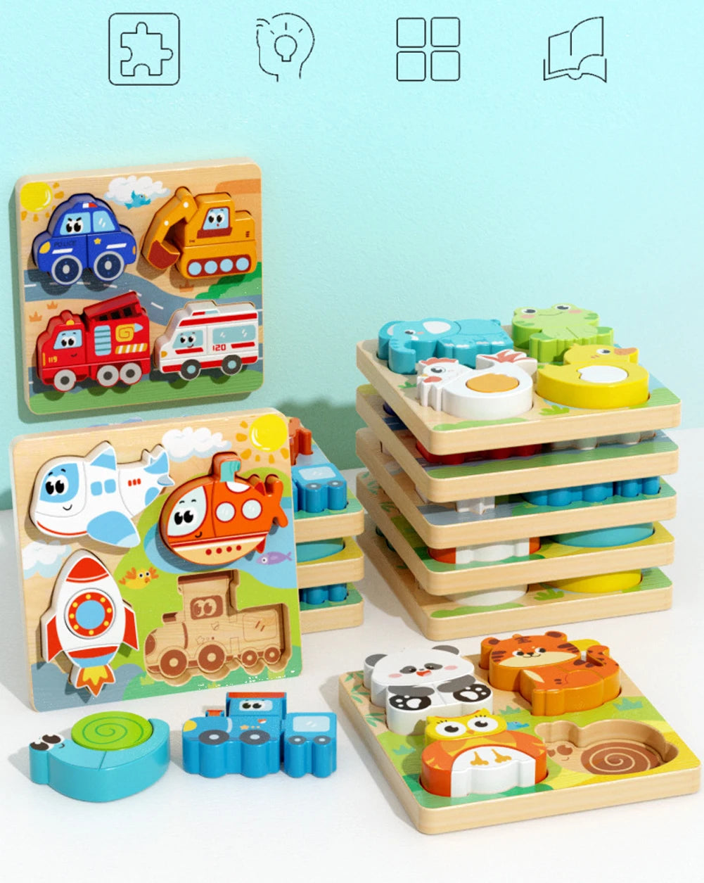 Wooden Puzzle Board – Animals & Vehicles