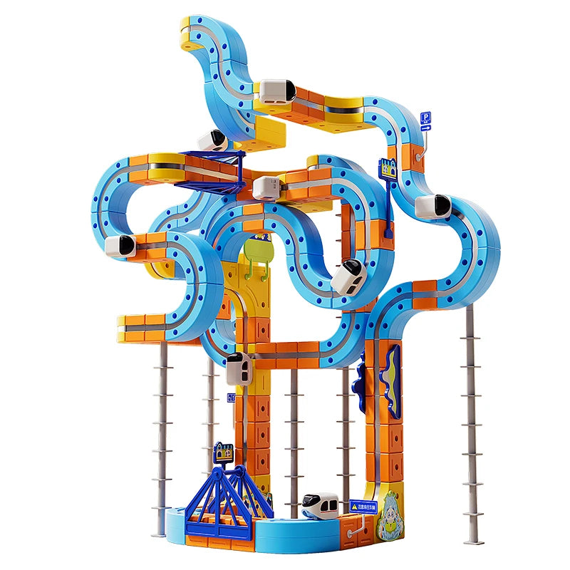 Tall multi-level magnetic monorail build with support poles