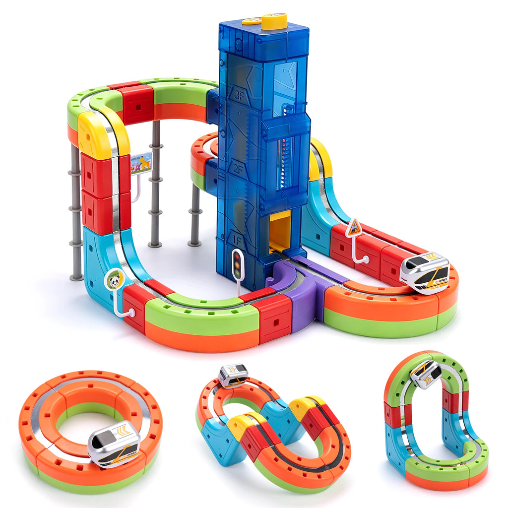 Magnetic train track set with lift tower and three smaller layout ideas