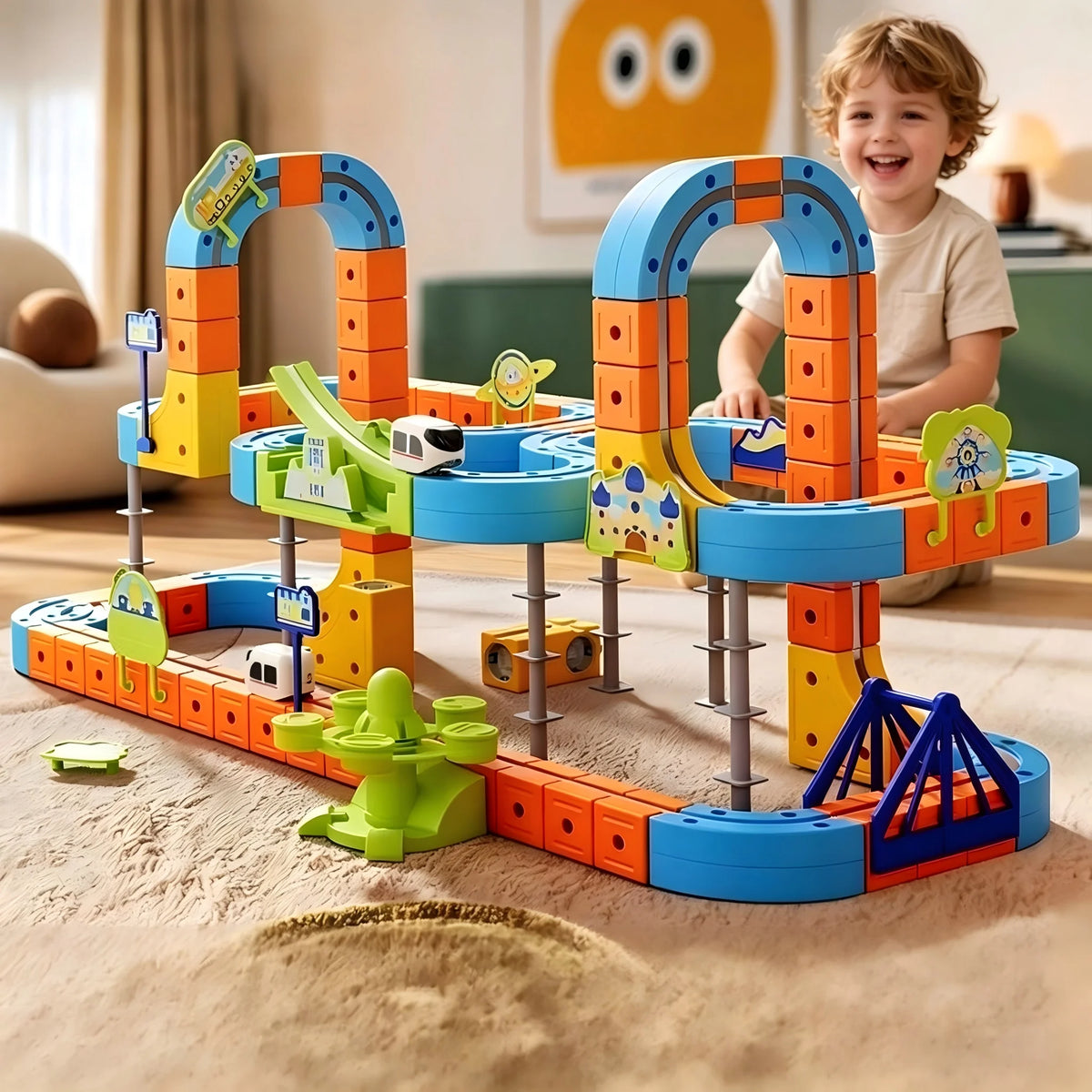 Child playing with a large magnetic monorail train layout