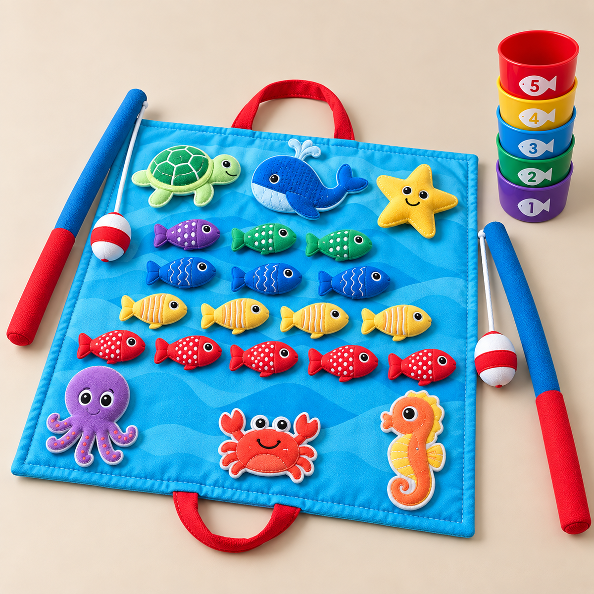 Fabric Fishing Game with Ocean Play Mat on a warm beige studio background