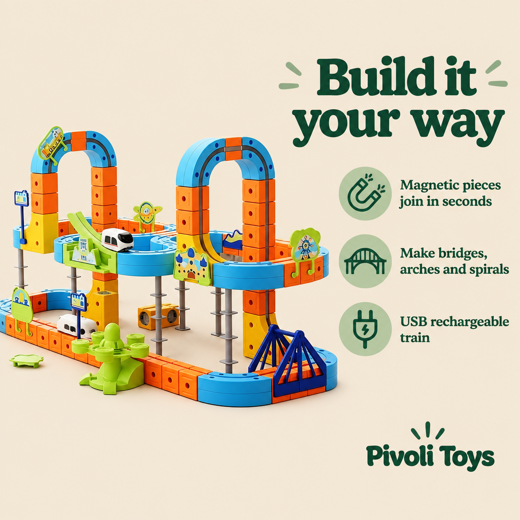 Magnetic Monorail Train Building Set benefits: Magnetic pieces join in seconds; Make bridges, arches and spirals; USB rechargeable train