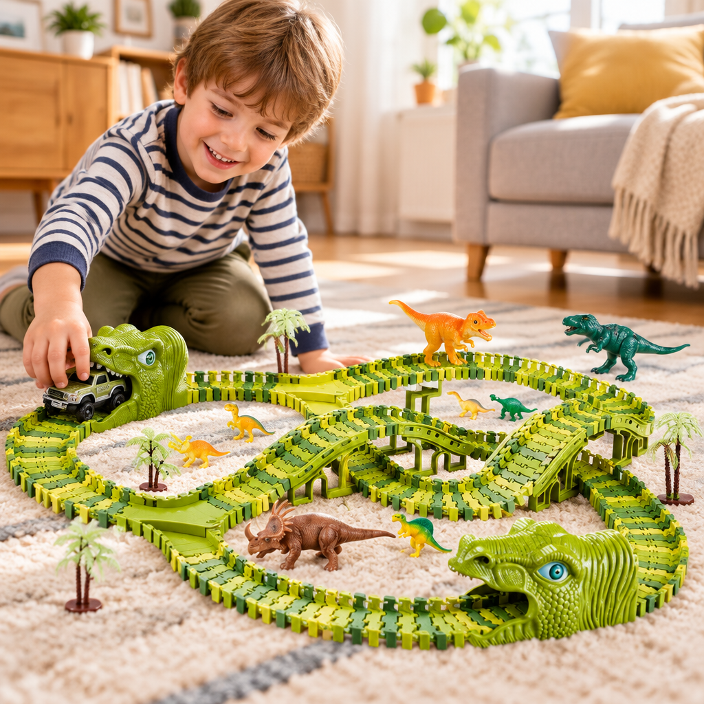 Child using the dinosaur flexible race track set in a home play setting
