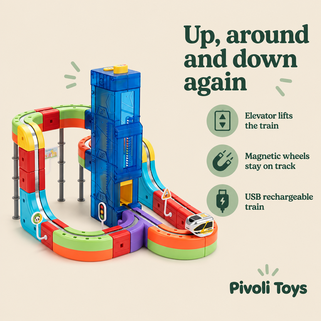 Magnetic Train Track Set with Lift Tower benefits: Elevator lifts the train; Magnetic wheels stay on track; USB rechargeable train