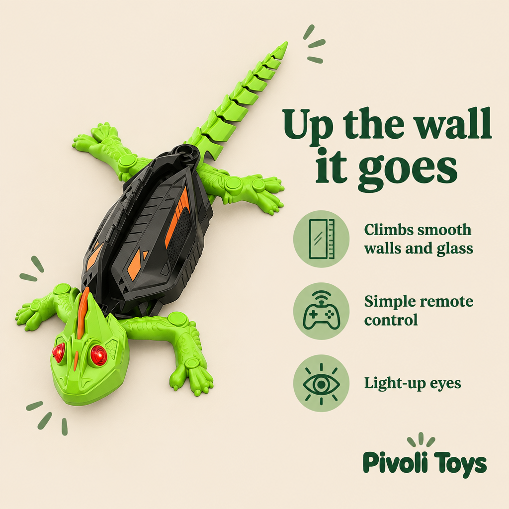 Remote Control Wall-Climbing Gecko benefits: Climbs smooth walls and glass; Simple remote control; Light-up eyes