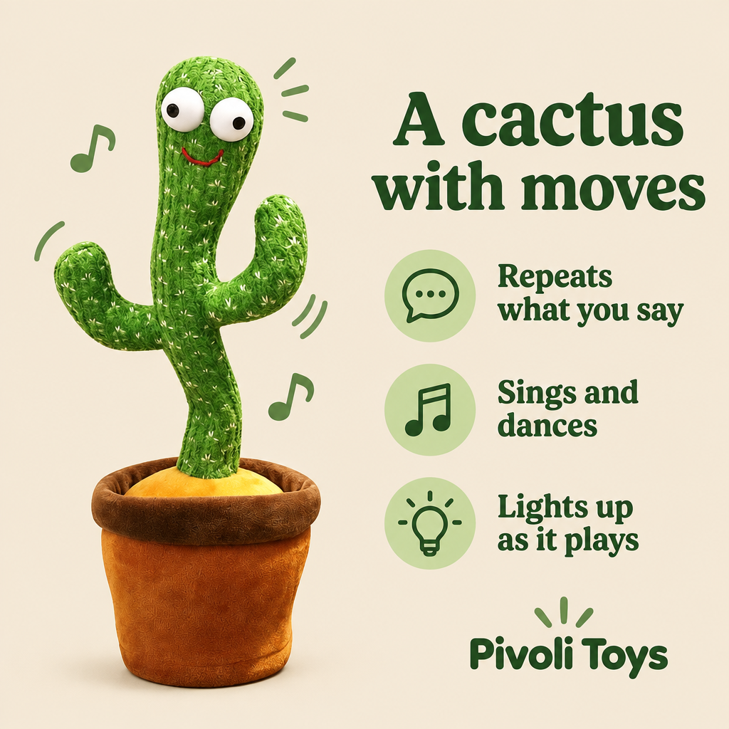 Talking Dancing Cactus Toy benefits: Repeats what you say; Sings and dances; Lights up as it plays