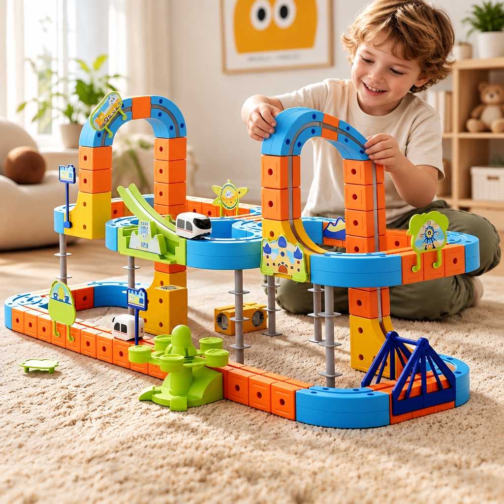 Child using the magnetic monorail train building set in a home play setting