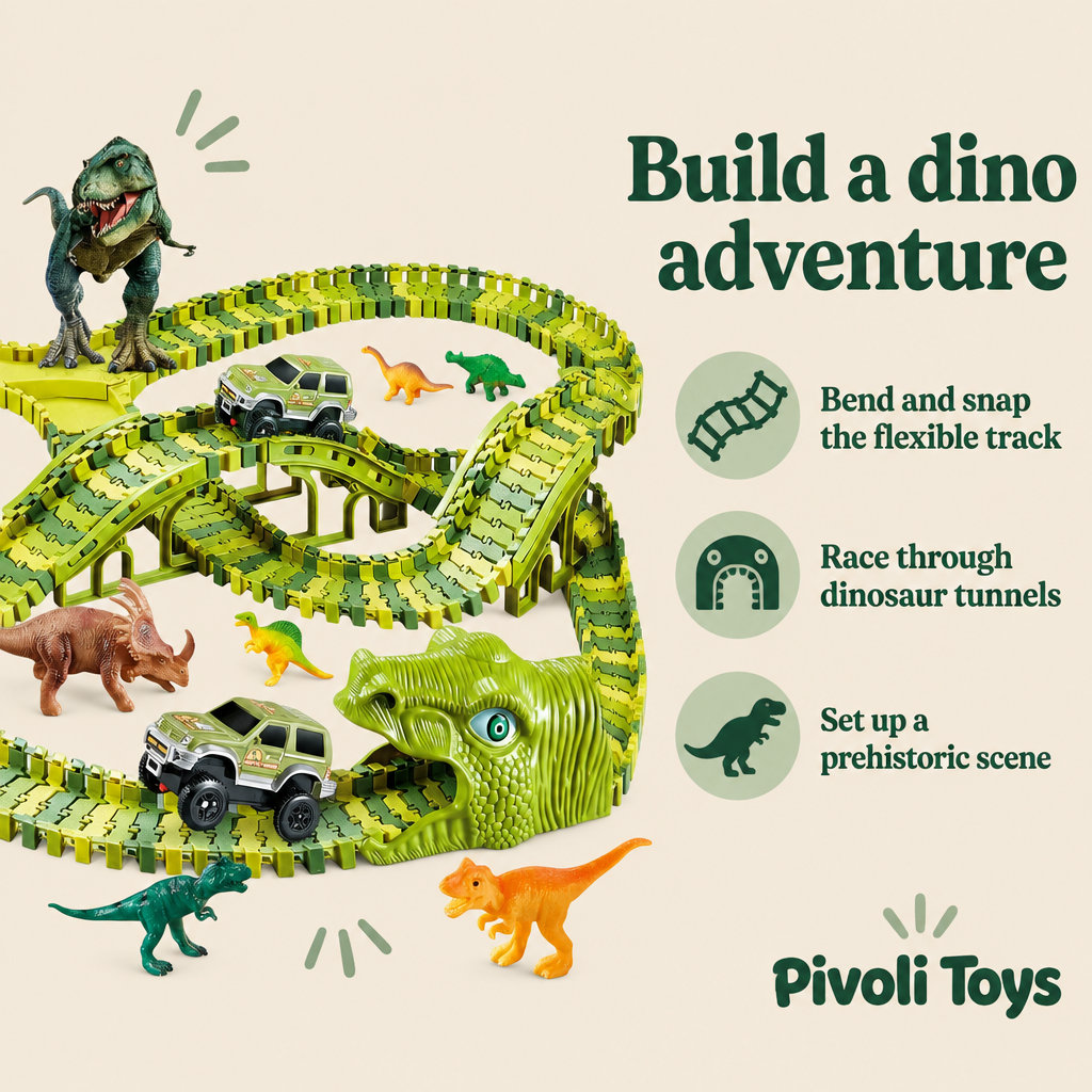 Dinosaur Flexible Race Track Set benefits: Bend and snap the flexible track; Race through dinosaur tunnels; Set up a prehistoric scene
