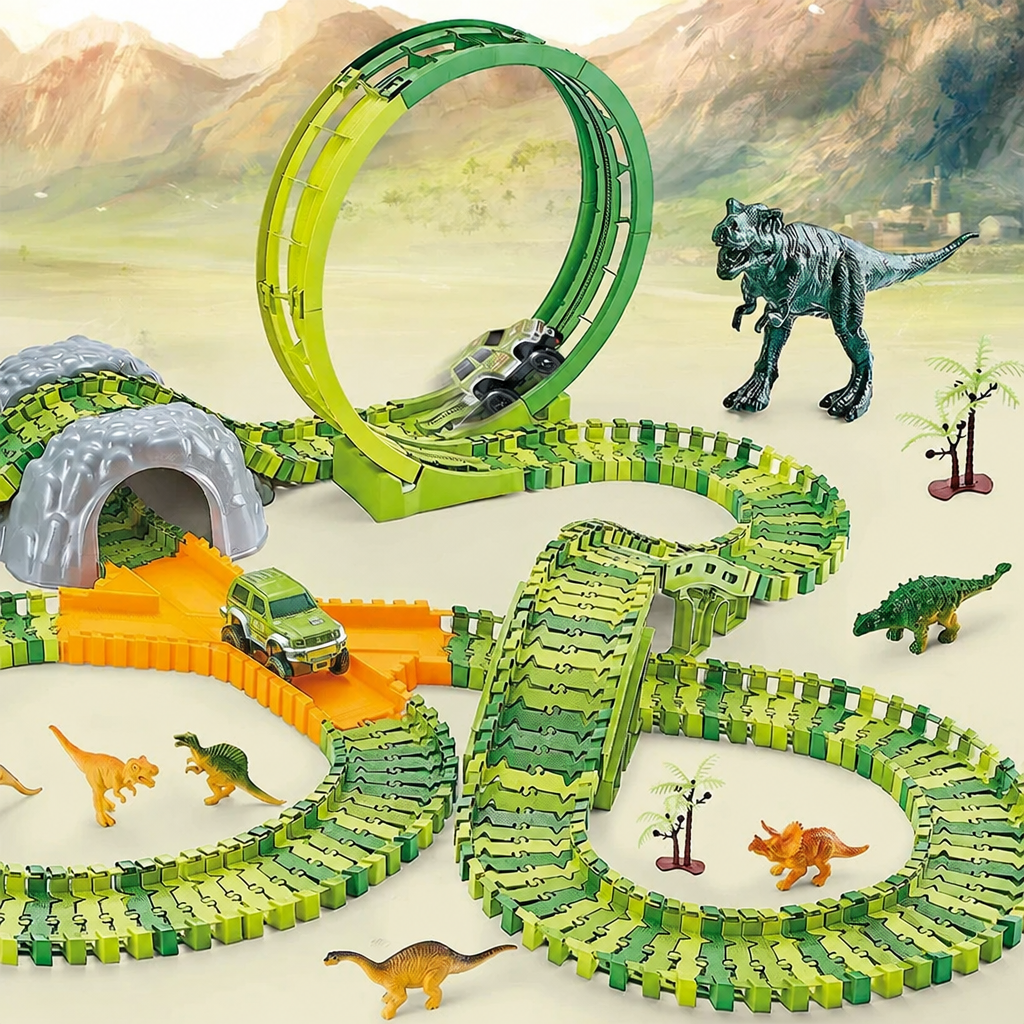 Dinosaur race track with a loop, a tunnel and toy dinosaurs