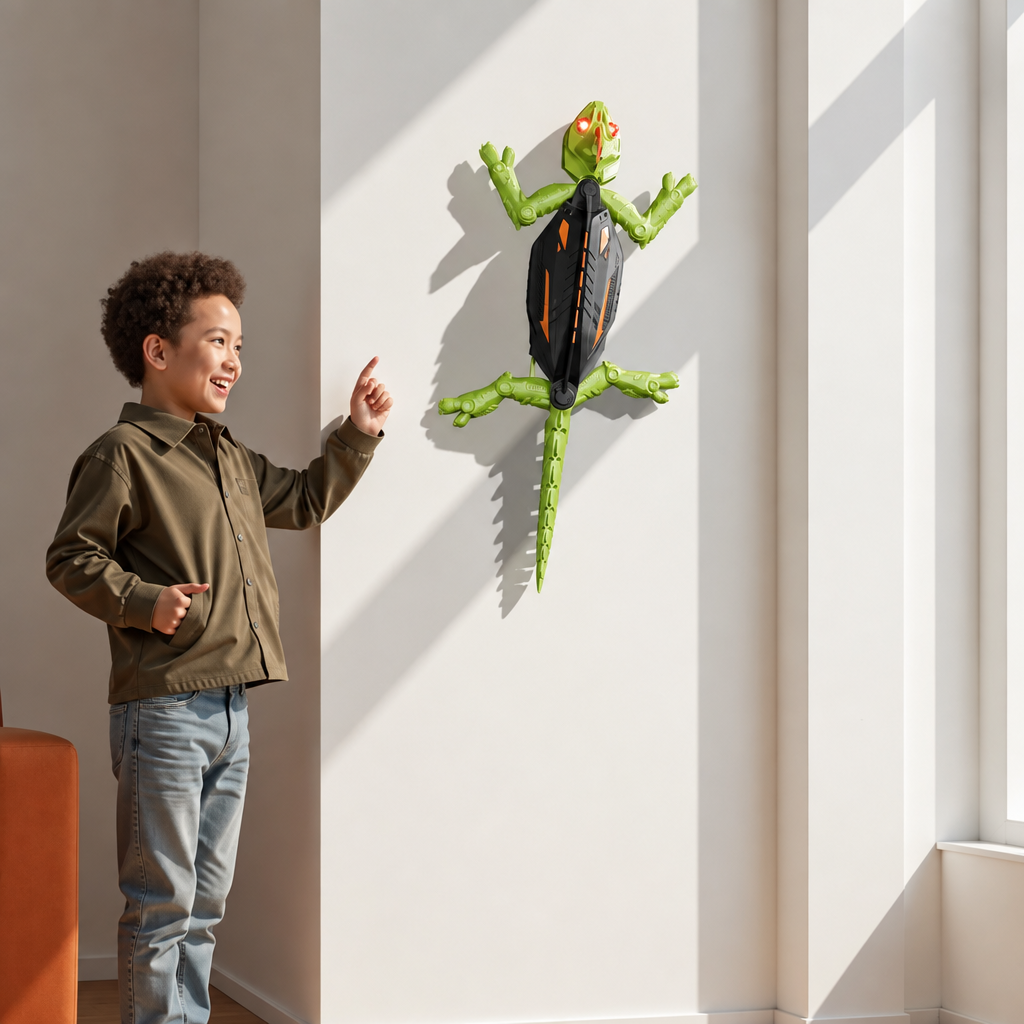 Boy pointing at the remote control gecko climbing a white wall