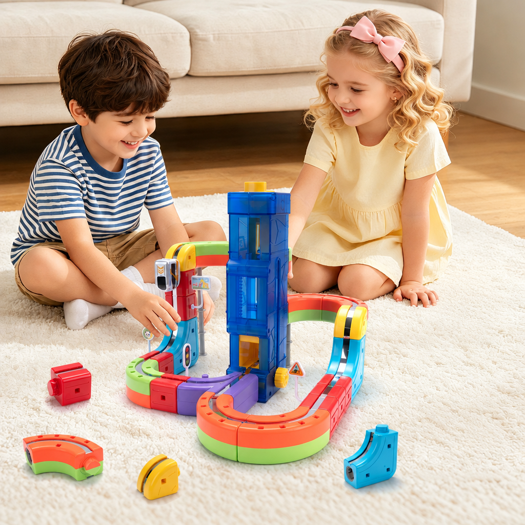 Two children building the magnetic train track set with lift tower on a rug