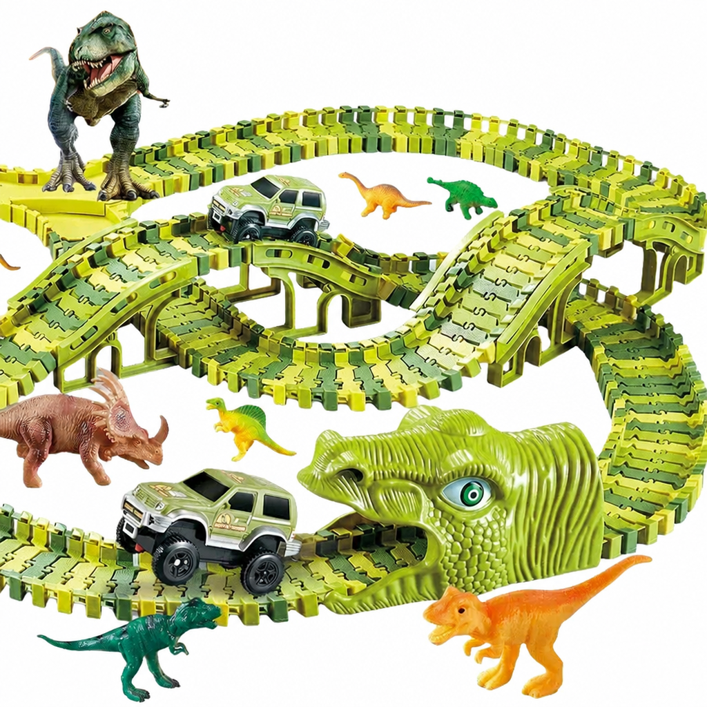 Dinosaur race track layout with tunnels, cars and toy dinosaurs