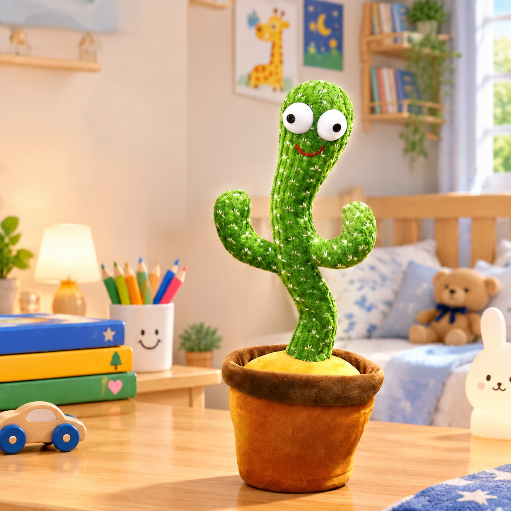 Talking dancing cactus toy on a desk in a child's bedroom