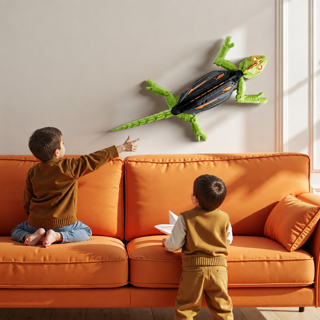 Children watching the remote control gecko climb the wall above a sofa