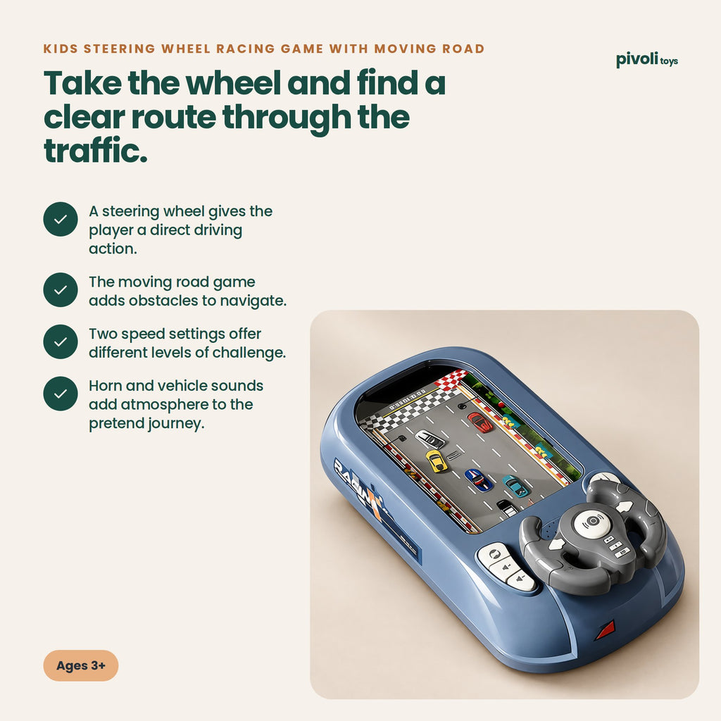 Kids Steering Wheel Racing Game with Moving Road: key features and age guidance