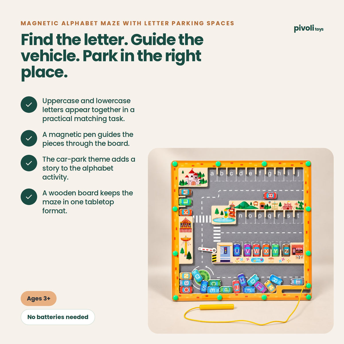 Magnetic Alphabet Maze with Letter Parking Spaces: key features and age guidance