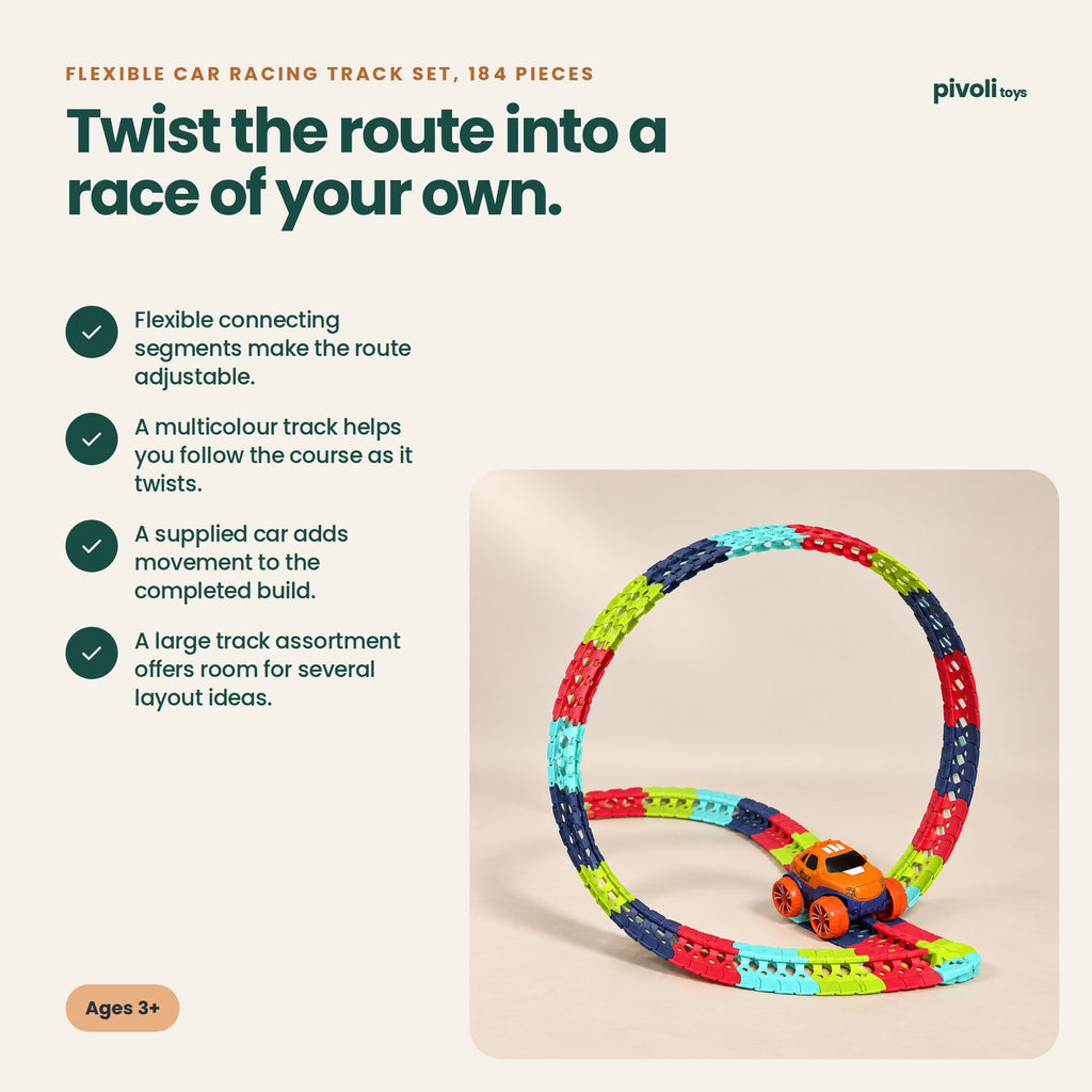 Flexible Car Racing Track Set, 184 Pieces: key features and age guidance
