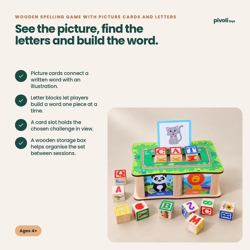 Wooden Spelling Game with Picture Cards and Letters: key features and age guidance