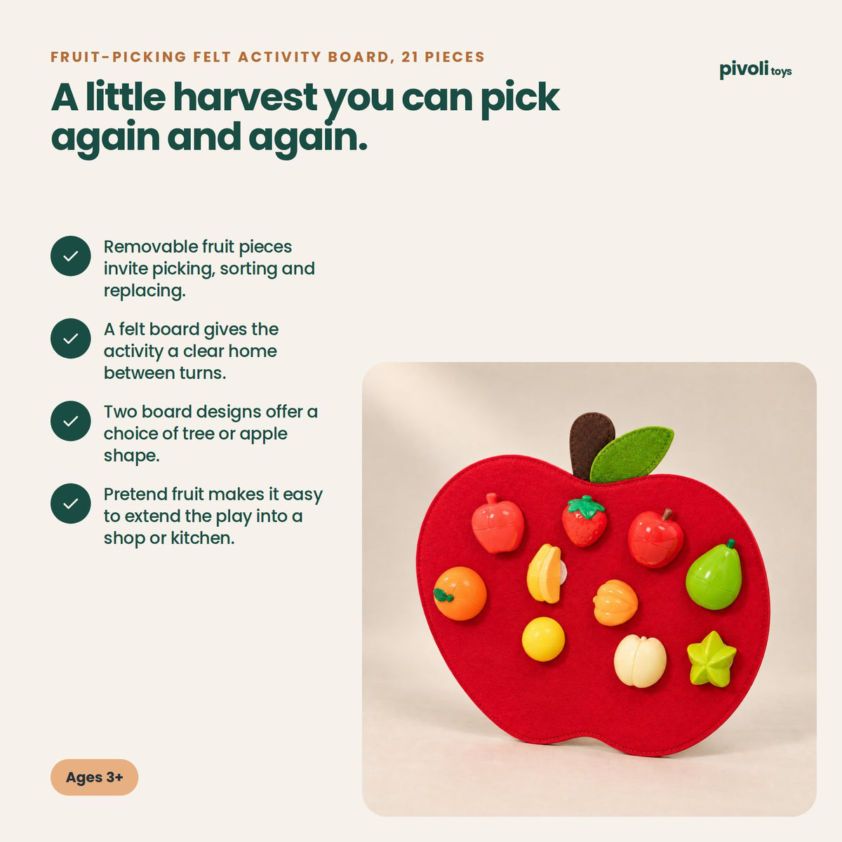 Fruit-Picking Felt Activity Board, 21 Pieces: key features and age guidance
