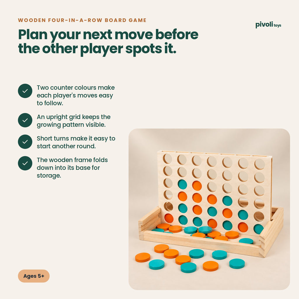 Wooden Four-in-a-Row Board Game: key features and age guidance