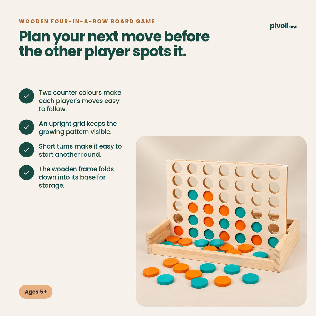 Wooden Four-in-a-Row Board Game: key features and age guidance