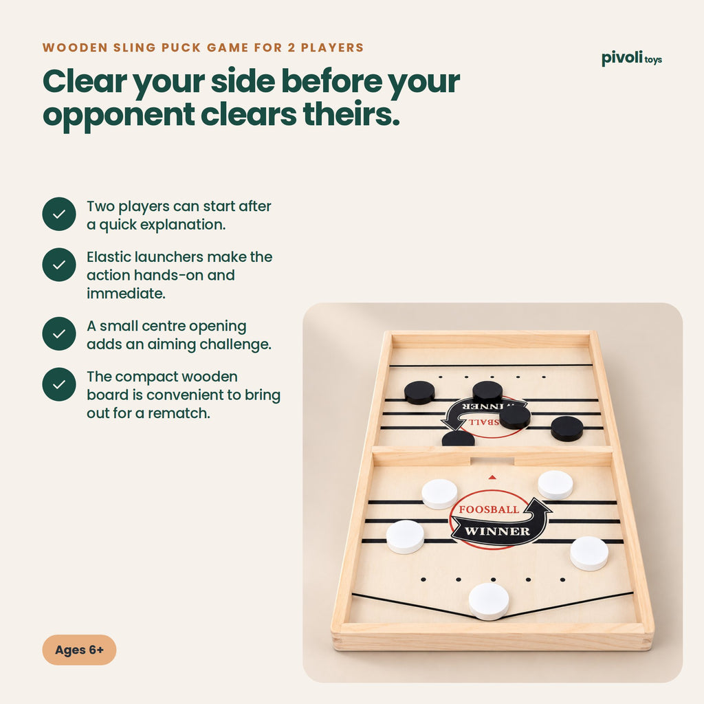 Wooden Sling Puck Game for 2 Players: key features and age guidance