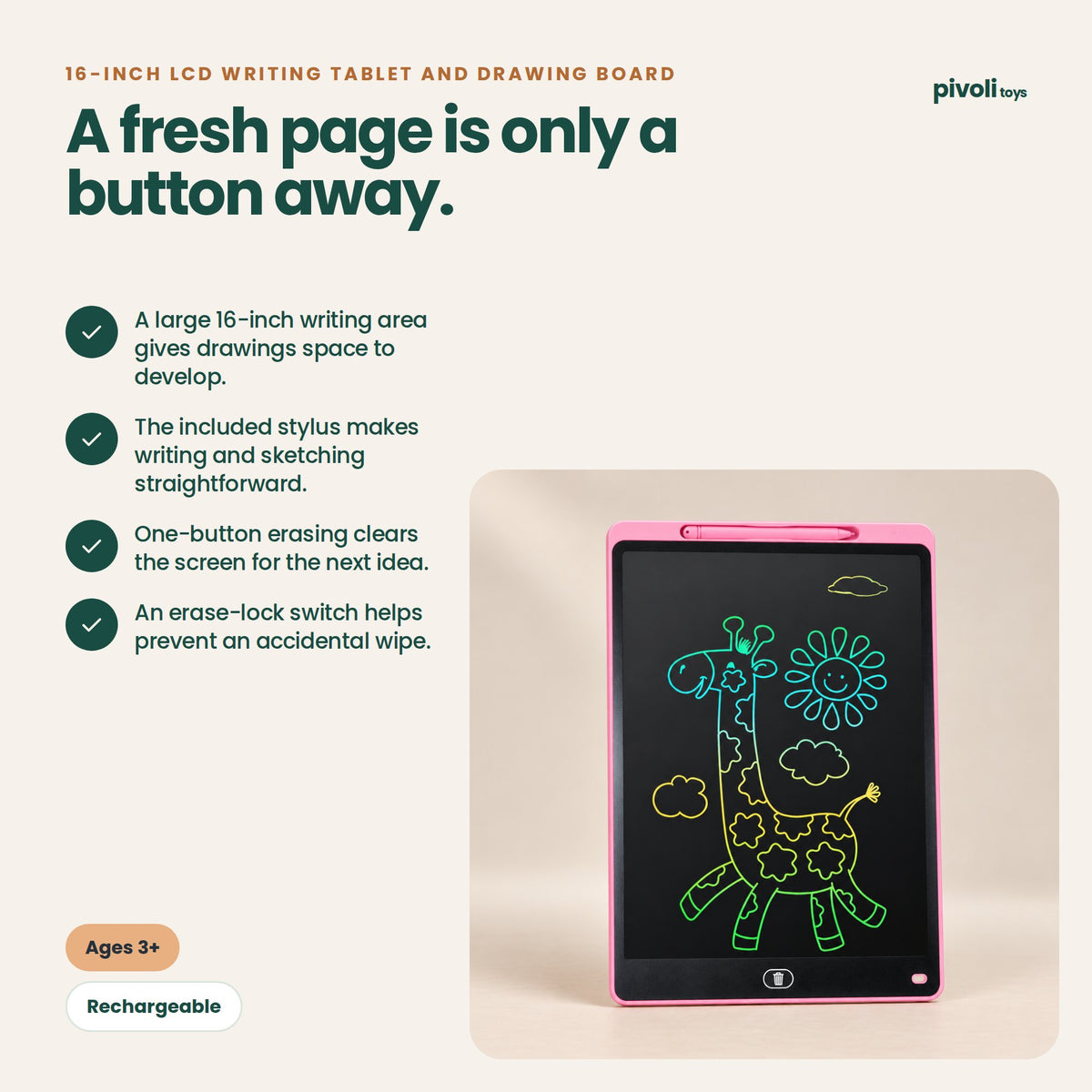16-Inch LCD Writing Tablet and Drawing Board: key features and age guidance