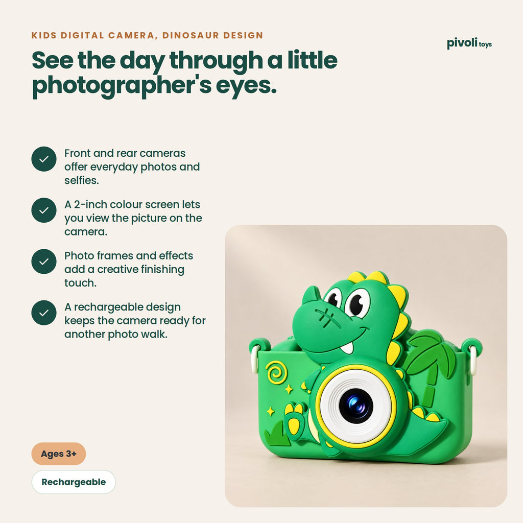 Kids Digital Camera, Dinosaur Design: key features and age guidance