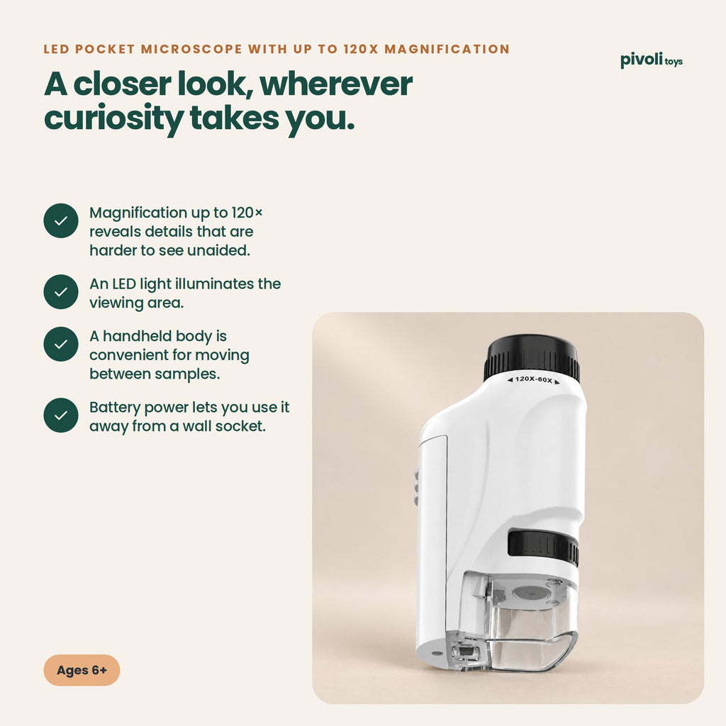 LED Pocket Microscope with Up to 120x Magnification: key features and age guidance