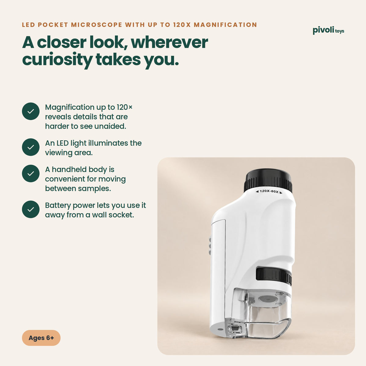 LED Pocket Microscope with Up to 120x Magnification: key features and age guidance