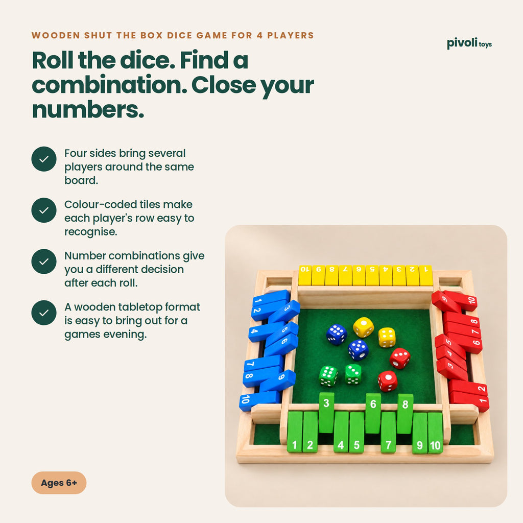 Wooden Shut the Box Dice Game for 4 Players: key features and age guidance