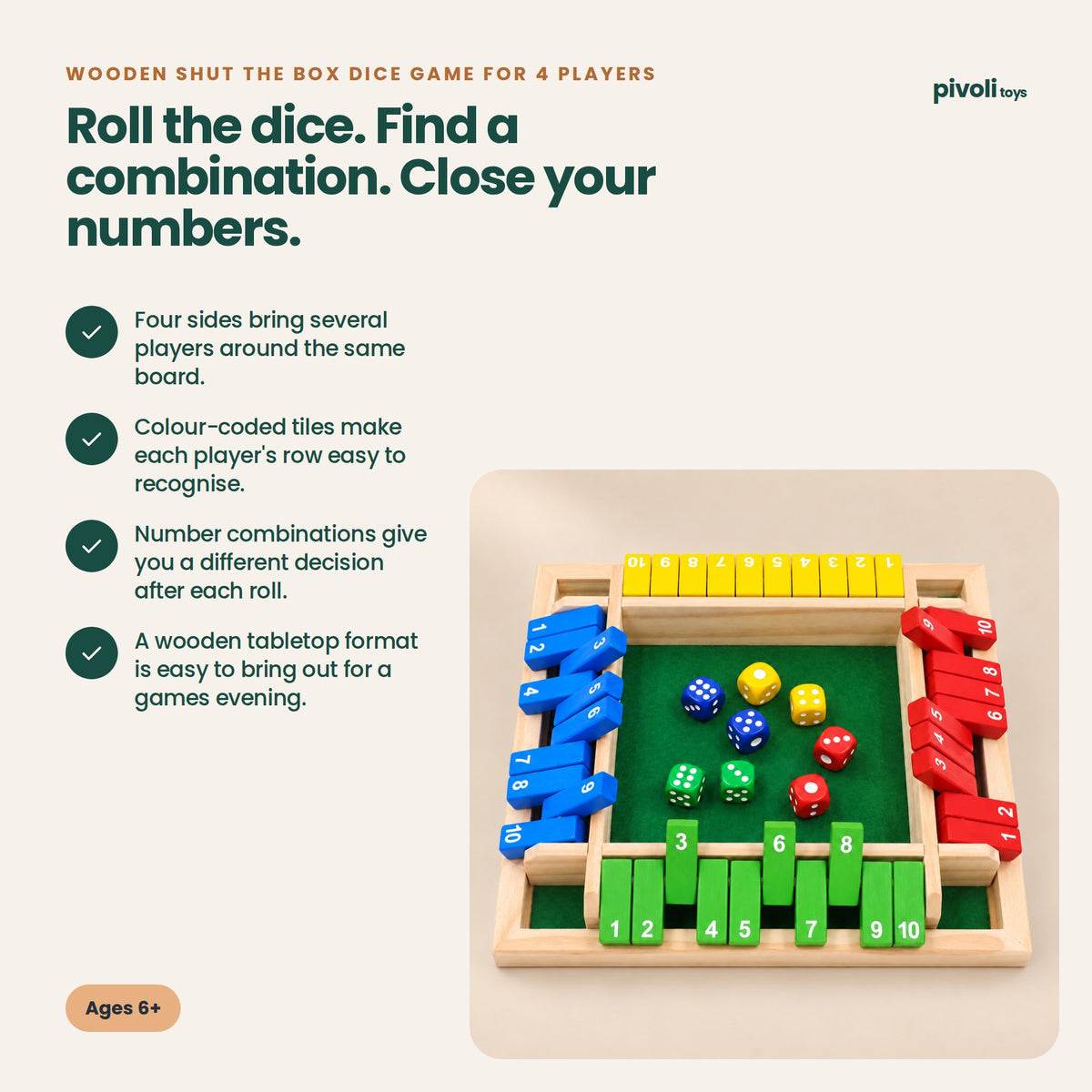 Wooden Shut the Box Dice Game for 4 Players: key features and age guidance