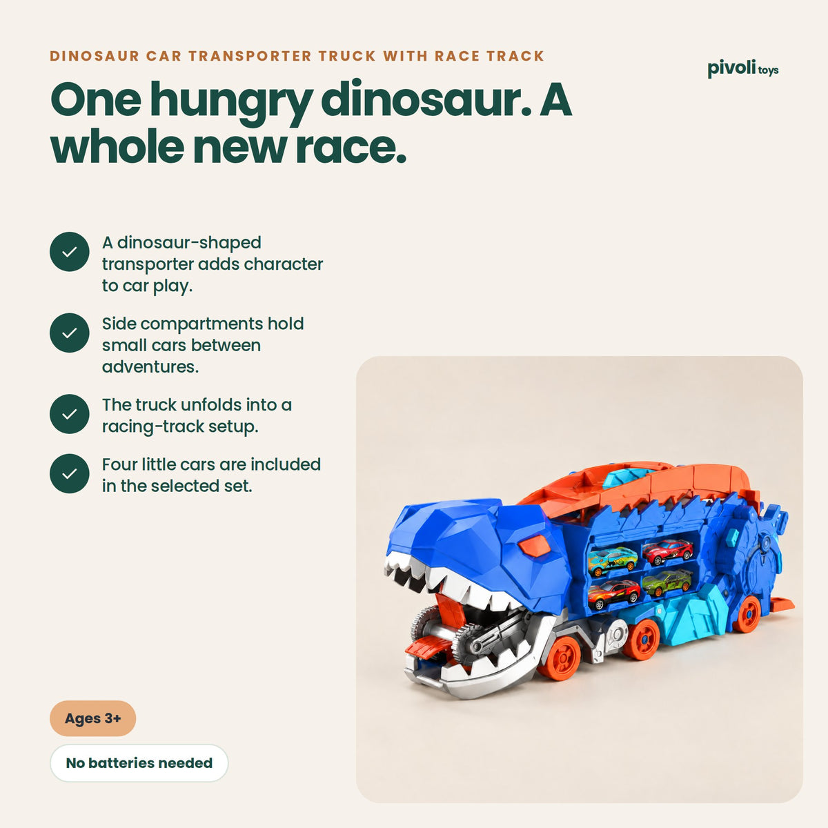 Dinosaur Car Transporter Truck with Race Track: key features and age guidance