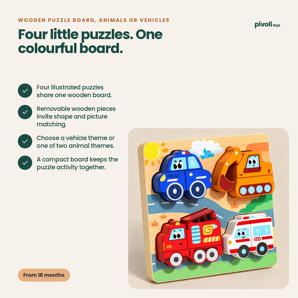 Wooden Puzzle Board, Animals or Vehicles: key features and age guidance