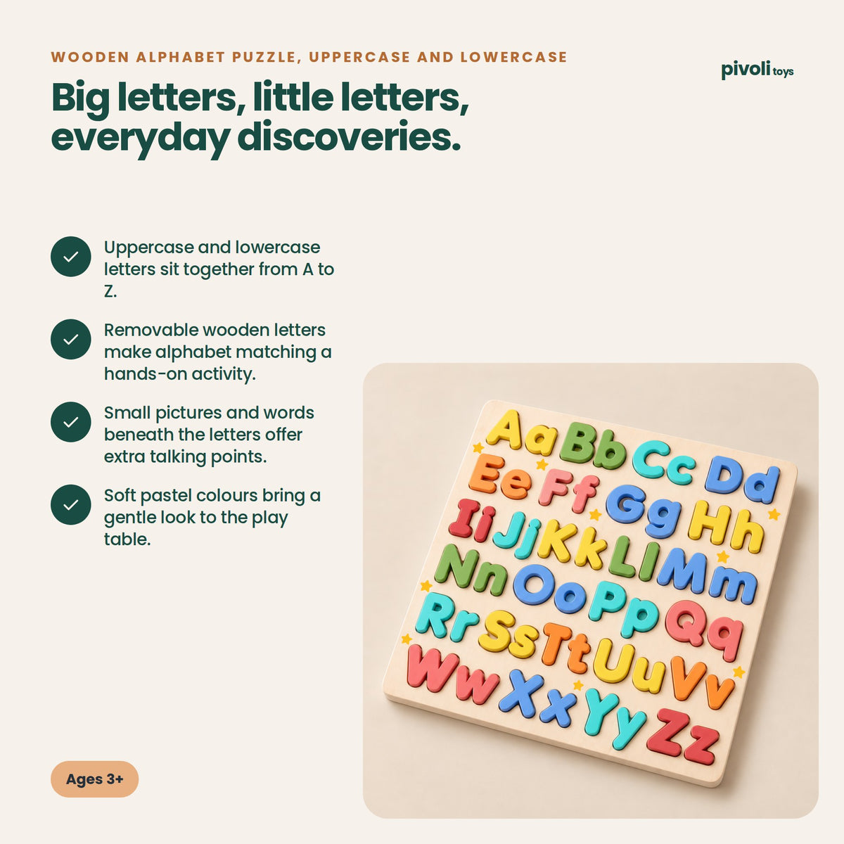 Wooden Alphabet Puzzle, Uppercase and Lowercase: key features and age guidance