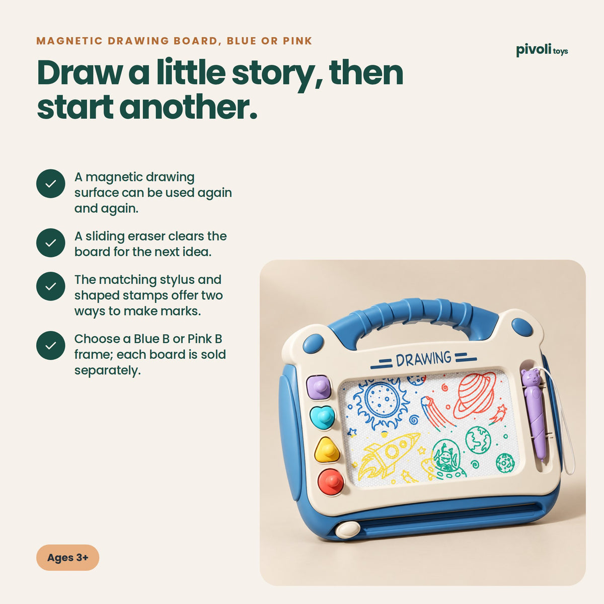 Magnetic Drawing Board, Blue or Pink: key features and age guidance