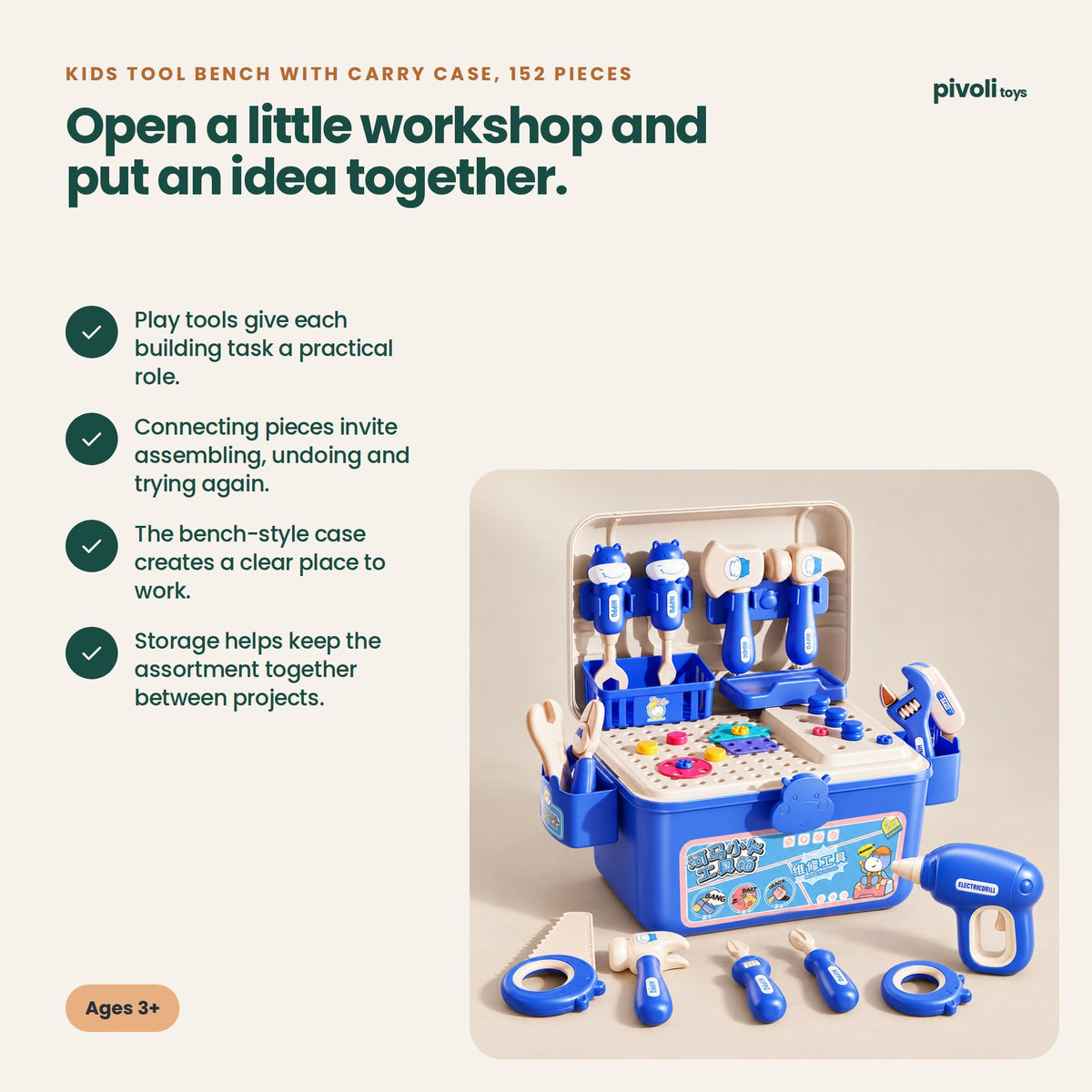 Kids Tool Bench with Carry Case, 152 Pieces: key features and age guidance